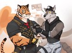 anthro biped blush dialogue duo male tangkookie epic_games fortnite oscar_(fortnite) wendell_(fortnite) canid canine canis felid mammal pantherine tiger wolf 2023 digital_media_(artwork) hi_res