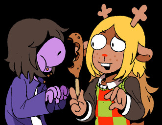 4_fingers anthro antlers black_background blonde_hair brown_body brown_fur brown_hair buckteeth clothing corndog duo eating female fingers food freckles fur hair hair_over_eyes holding_food holding_object horn jacket long_hair looking_at_another open_mouth purple_body purple_clothing purple_jacket purple_scales purple_topwear red_nose scales shirt simple_background sweater teeth topwear white_clothing white_shirt white_topwear iluvrabbitz deltarune undertale_(series) noelle_holiday susie_(deltarune) deer mammal new_world_deer reindeer scalie 2025
