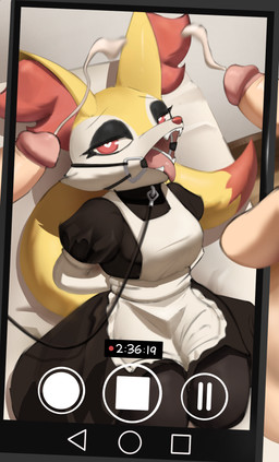 anthro arms_tied bed bodily_fluids bound clothing collar cum disembodied_penis electronics female female_anthro female_on_human fur furniture gag genital_fluids genitals group heart_eyes heart_pupils heart_symbol human_on_anthro interspecies leash maid_uniform male male_human male_on_anthro penis phone pokephilia recording red_eyes ring_gag trio uniform yellow_body yellow_fur drakkie nintendo pokemon braixen generation_6_pokemon human mammal pokemon_(species) absurd_res hi_res