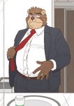 anthro belly blush bottomwear brown_body brown_fur clothing cute_fangs detailed_background eyewear fangs fur glasses humanoid_hands kemono male overweight overweight_anthro overweight_male pants shirt solo teeth topwear ryuta-h bear mammal hi_res