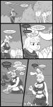 1:2 absurd_res animate_inanimate anthro big_breasts breast_squeeze breasts butt cleavage clothed clothing comic curvy_figure demon dialogue english_text female grope hair hand_on_breast hi_res huge_breasts lagomorph lagotrope leporid living_clothing mammal monochrome rabbit smile squeezing text thick_thighs voluptuous weapon wide_hips