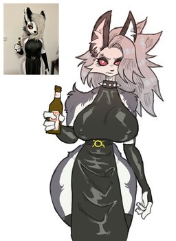 alcohol anthro beer beverage big_breasts breasts clothed clothing collar dress female fur grey_body grey_fur grey_hair hair nipple_outline pupils real red_eyes solo thick_thighs white_pupils yanisp5 hellaverse helluva_boss mythology loona_(helluva_boss) canid canid_demon canine demon hellhound mammal mythological_canine mythological_creature absurd_res hi_res