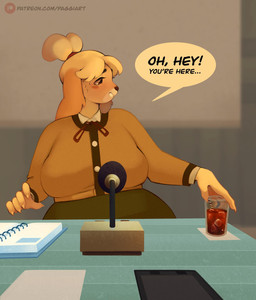 5_fingers anthro beverage big_breasts blonde_hair bodily_fluids book breasts button_(fastener) clothed clothed_anthro clothed_female clothing electronics female female_anthro fingers fur hair ice ice_cube microphone solo speech_bubble sweat text yellow_body yellow_fur paggi animal_crossing nintendo isabelle_(animal_crossing) canid canine canis domestic_dog mammal shih_tzu toy_dog 2025 digital_drawing_(artwork) digital_media_(artwork) english_description english_text hi_res url