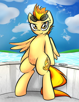anthro bottomless clothed clothing cloud cutie_mark eyewear eyewear_on_head female genitals hair leaning looking_at_viewer nipples on_hind_legs orange_eyes outside poolside sky smile solo sunglasses sunglasses_on_head swimming_pool tail teats vulva water wings yellow_body jetwave friendship_is_magic hasbro my_little_pony mythology spitfire_(mlp) wonderbolts_(mlp) equid equine mammal mythological_creature mythological_equine pegasus 2016 absurd_res digital_drawing_(artwork) digital_media_(artwork) full-length_portrait hi_res portrait