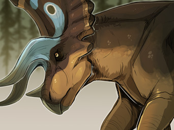 ambiguous_gender blue_horn blue_markings blurred_background brown_body feral grey_horn horizontal_pupils horn markings mouth_closed orange_body outside plant pupils side_view solo tree yellow_eyes swampjaws ceratopsian ceratopsid chasmosaurine dinosaur marginocephalian ornithischian prehistoric_species reptile scalie triceratops