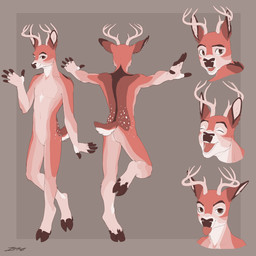 anthro antlers fingers hooves horn looking_at_viewer male simple_background solo standing tail woltagt nugamus deer mammal hi_res model_sheet