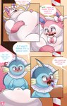 cake candy chocolate dessert dialogue duo feeding female feral food frill_(anatomy) morbidly_obese obese overweight ribbons_(anatomy) weight_gain fattyjakalope nintendo pokemon eeveelution generation_1_pokemon generation_6_pokemon pokemon_(species) sylveon vaporeon absurd_res comic hi_res