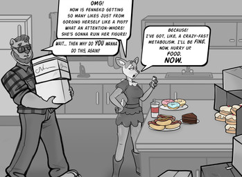 anthro clothing dessert doughnut duo female food inside kitchen male pastry shirt speech_bubble text topwear chestdandy aggretsuko sanrio tsunoda_(aggretsuko) deer mammal 2022 absurd_res english_text hi_res