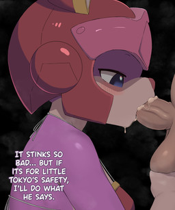anthro armor ball_fondling balls bed_eyes black_background blue_eyes bodily_fluids clothed clothing cum duo fellatio female fondling fur genital_fluids genitals headgear helmet human_on_anthro interspecies male male/female narrowed_eyes oral partially_clothed penile pink_body pink_fur sex simple_background steaming raviolimochi samurai_pizza_cats polly_esther felid feline human mammal 5:6 absurd_res hi_res