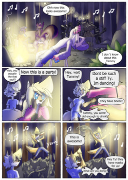 anthro balls blonde_hair blue_eyes clothed clothing female genitals group hair male musical_note musical_symbol sex speech_bubble symbol tail text young young_anthro young_female young_male galo tammy_(tycloud) tycloud canid canine fox mammal absurd_res comic english_text hi_res cousins_(lore)