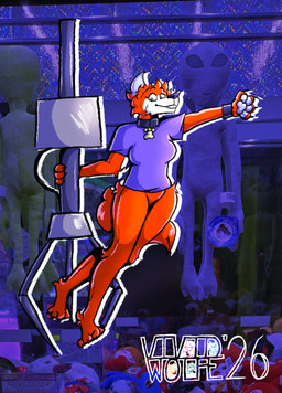 anthro arm_tuft blue_clothing blue_pawpads blue_shirt blue_topwear bottomless bottomless_anthro bracelet claw_machine claws clothed clothing collar ear_tuft elbow_tuft eyelashes facial_tuft female foot_tuft fur gesture green_eyes head_tuft hip_tuft jewelry machine pawpads photo_background plushie red_body red_fur shirt smile solo tail tail_tuft teeth toe_claws topwear toy tuft waving white_face wire vividwolfe alien canid canine fox mammal 2026 digital_drawing_(artwork) digital_media_(artwork) hi_res mixed_media photography_(artwork)