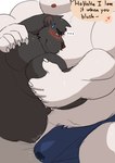 absurd_res anthro arms_around_partner bear belly big_belly blush bodily_fluids bulge clothing dialogue duo embrace english_text erection felid heart_symbol hi_res holding_belly hug male male/male mammal muscular muscular_anthro muscular_male nipples overweight overweight_anthro overweight_male pantherine polar_bear size_difference smaller_male sound_effects speech_bubble sweat sweatdrop text underwear ursine vitashi