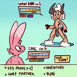 animal_genitalia animal_penis ankle_tuft anthro bedroom_eyes big_penis black_penis blue_background cheek_tuft curved_horn duo equine_genitalia equine_penis facial_tuft floppy_ears fur gameplay_mechanics genitals gui half-closed_eyes health_bar horn huge_penis inviting leg_tuft male male/male medial_ring narrowed_eyes nude penis pink_body pink_fur seductive simple_background smile smirk smug smug_face text tuft white_body white_fur white_wool wool_(fur) wool_hair xing1 milo_(funnysheepman) bovid caprine lagomorph leporid mammal rabbit sheep 1:1 absurd_res chromatic_aberration english_text hi_res