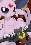 :< big_breasts blush blush_lines breast_on_head breasts cleavage clothed clothing duo embarrassed female forehead_gem gem looking_at_viewer looking_back male male/female sateco nintendo pokemon eeveelution espeon generation_2_pokemon pokemon_(species) umbreon hi_res