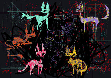 ambiguous_gender blue_body blue_fur feral fur group orange_body orange_fur purple_body purple_fur surrealism yellow_body yellow_fur naircat domestic_cat felid feline felis mammal 2017 digital_media_(artwork) microsoft_paint_(artwork)
