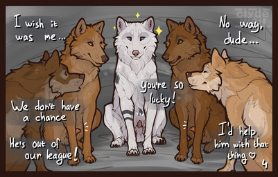 anatomically_correct anatomically_correct_genitalia anatomically_correct_penis animal_genitalia animal_penis balls blep blue_eyes brown_body brown_fur canine_genitalia canine_penis claws dialogue erection feet feral front_view fur genitals green_eyes group looking_at_another male male_feral paws penis penis_tip quadruped red_penis sheath sitting smile sparkles talking_feral teeth text toes tongue tongue_out white_balls white_body white_fur white_sheath clyde_wolf bravo_(white_talon) canid canine canis mammal wolf 2026 digital_drawing_(artwork) digital_media_(artwork) english_text