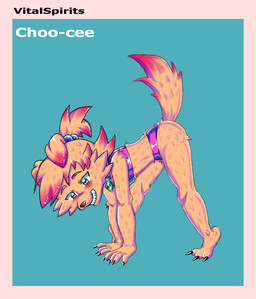 anthro bending_down blush blush_lines clothing collar dyed_fur female hair ponytail simple_background smile swimwear young young_female vitalspirits chocee_lumbrig canid canine canis domestic_dog mammal