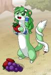 alternate_species daww duo entwined_tails female feral food fruit fur furrification grape grass green_body green_eyes green_fur green_hair hair holding_food holding_fruit holding_object holding_strawberry kemono legless looking_at_viewer open_mouth plant quadruped smile strawberry tail tail_coil tongue tongue_out coffgirl touhou sanae_kochiya mammal mustelid musteline reptile scalie snake true_musteline weasel