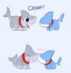 2015 ambiguous_gender big_eyes boop canid canine chibi collar comic daww dot_eyes duo eyes_closed feral fish grey_background happy hybrid leaning leaning_forward mammal marine nose_boop quadruped scarf shark shark_puppy shark_puppy_(character) side_view simple_background sitting smile standing tongue tongue_out vress_(artist) vress_(character) white_background