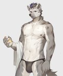 anthro clothing container cup ear_piercing eyebrow_piercing facial_piercing fur grey_body grey_fur holding_container holding_cup holding_object looking_at_viewer male markings navel nipples piercing simple_background solo spots spotted_body spotted_fur towel underwear white_background white_body white_fur hutogawa29581 arknights hypergryph studio_montagne spot_(arknights) hyena mammal spotted_hyena 2025 absurd_res hi_res
