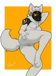 4_toes 5_fingers anthro areola breasts butt butt_grab claws clitoral_hood clitoris curled_tail curvy_figure directional_arrow eyebrows eyelashes feet female fingers fur genitals grey_body grey_fur hand_behind_head hand_on_butt head_turned humanoid_genitalia humanoid_vulva looking_at_viewer lying machine mane medium_breasts medium_tail nipples nude on_side orange_background outline paws pink_areola pink_vulva presenting presenting_hindquarters presenting_vulva raised_leg simple_background solo spread_legs spread_vulva spreading tail toes tuft visor echotastrophe bungie marathon_(series) canid canine mammal protogen 2025 hi_res shaded signature simple_shading