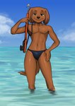 anthro athletic black_clothing black_speedo black_swimwear black_underwear blue_sky brown_body brown_fur brown_nipples brown_nose brown_tail clothing cloud eyebrows fluffy fluffy_tail fur hand_on_hip harpoon harpoon_gun male melee_weapon navel nipples partially_submerged pecs polearm pose raised_eyebrow scuba_diver scuba_gear sea sky slim smile smirk smug solo spear speedo standing_in_water swimwear tail tight_clothing underwear water weapon yellow_eyes diacordst paw_patrol zuma_(paw_patrol) bird_dog canid canine canis domestic_dog hunting_dog labrador mammal retriever 2022 absurd_res hi_res