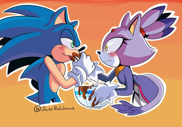5_fingers anthro blue_body blush bowl candy chocolate clothed clothing container dessert duo female finger_in_mouth fingers food fur gloves green_eyes handwear looking_at_another male male/female partially_clothed purple_body purple_fur simple_background tail yellow_eyes just.red.draws sega sonic_the_hedgehog_(series) blaze_the_cat sonic_the_hedgehog domestic_cat eulipotyphlan felid feline felis hedgehog mammal 2022 watermark