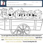 1:1 apple_bloom_(mlp) bitterplaguerat blush cart crown cutie_mark_crusaders_(mlp) dialogue earth_pony english_text equid equine fan_character female feral friendship_is_magic group hasbro headgear horn horse loki_(bitterplaguerat) male mammal monochrome my_little_pony mythological_creature mythological_equine mythology pony scootaloo_(mlp) silver_spoon_(mlp) simple_background sweetie_belle_(mlp) text tiara unicorn wheel