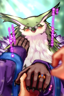 ambiguous_gender anthro beak bedroom_eyes blush clothing duo eyebrows eyewear feathers female female/ambiguous female_on_human first_person_view glasses hand_holding heart_symbol human_on_anthro interspecies jewelry looking_at_viewer narrowed_eyes purple_clothing ring seductive solo_focus talon_hands text kanakakia unicorn_overlord vanillaware ramona_(unicorn_overlord) avian bird human mammal owl 2024 2:3 absurd_res digital_media_(artwork) hi_res japanese_text translation_request