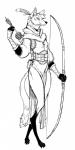 anthro arrow_(weapon) bag belt bottomwear bow_(weapon) breasts claws clothing fangs feathers female loincloth long_legs longbow quiver_(object) ranged_weapon smile solo teeth toe_claws weapon guoh canid canine mammal maned_wolf absurd_res black_and_white digital_drawing_(artwork) digital_media_(artwork) full-length_portrait hi_res monochrome portrait