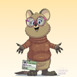 3_toes 4_fingers anthro barefoot black_claws black_nose black_pawpads bottomwear brown_body brown_bottomwear brown_clothing brown_eyebrows brown_eyes brown_fur brown_skirt brown_sweater brown_topwear buckteeth chin_tuft claws clothing dipstick_tail eyebrows eyelashes eyewear facial_markings facial_tuft feet female finger_claws fingers fur glasses gradient_background handpaw head_markings head_tuft logo looking_at_viewer markings name_tag open_mouth outstretched_arms pattern_clothing pattern_sweater pattern_topwear pawpads paws pink_eyewear pink_glasses round_ears round_glasses simple_background skirt solo striped_clothing striped_sweater striped_topwear stripes sweater tail tail_markings tan_background tan_body tan_fur teeth text toe_claws toes topwear tuft jayheartwing disney zootopia dr._fuzzby macropod mammal marsupial quokka 1:1 2025 artist_logo english_text hi_res shaded signature