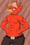 anthro barazoku beak belt blonde_hair bottomwear clothed clothing flexing hair male muscular muscular_anthro muscular_male pants partially_clothed simple_background smile smirk solo topless salamikii mischief_makers treasure_(game_developer) merco_(mischief_makers) avian bird absurd_res hi_res