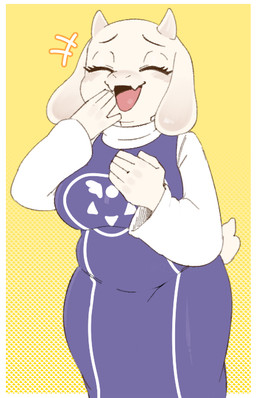 2_horns 5_fingers anthro border breasts clothed clothed_anthro clothed_female clothing dress eyelashes eyes_closed female female_anthro fingers floppy_ears front_view fur head_horn horn laugh long_sleeves lop_ears mature_anthro mature_female open_mouth open_smile purple_clothing purple_dress simple_background slightly_chubby slightly_chubby_anthro slightly_chubby_female smile solo tail white_body white_border white_ears white_fur white_horn white_tail yellow_background q_qringo undertale_(series) toriel boss_monster_(undertale) bovid caprine goat mammal digital_drawing_(artwork) digital_media_(artwork)