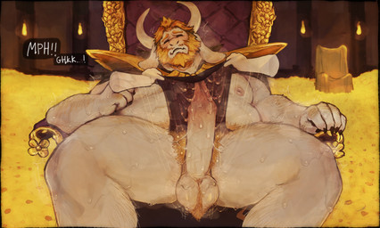 anthro balls barazoku beard belly_hair bodily_fluids body_hair bottomwear chair chest_hair clothing crown cum detailed_background dirty_penis disembodied_hand erection facial_hair first_person_view flower foreskin furniture genital_fluids genitals hairy_balls hairy_male headgear horn loincloth long_ears long_penis male moan moobs mostly_nude_anthro mostly_nude_male musk nipple_fetish nipple_play overweight overweight_male penis plant saggy_balls sitting solo speech_bubble sweat talking_to_viewer text thick_thighs throne fanofthefurr undertale_(series) asgore_dreemurr boss_monster_(undertale) bovid caprine goat mammal english_text hi_res