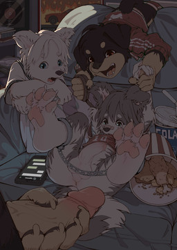 4_toes 5_fingers age_difference anal ankle_cuffs ankles_tied anthro arm_grab bed big_penis blue_eyes bound brown_eyes butt chain clothed clothed/nude clothed_sex clothing collar cuff_(restraint) dominant erection faceless_character faceless_male feet fingers floppy_ears fluffy fluffy_ears fluffy_tail forced front_view furniture gangbang genitals grey_hair group group_sex hair hindpaw humanoid_genitalia humanoid_penis imminent_sex inside larger_dom lying male male/male multicolored_body nude on_back on_bed open_mouth partially_clothed pawpads paws penis pink_pawpads raised_paw restrained restraints sex shota size_difference snout tail tan_penis teeth text tight_fit toes two_tone_body white_body white_hair white_penis young young_anthro young_male makioraku misha_makioraku sasha_yuki canid canine canis domestic_dog mammal absurd_res english_text hi_res