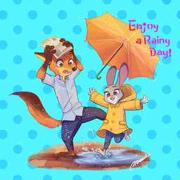 anthro blue_background clothed clothing coat dotted_background duo female fully_clothed fur grey_body grey_fur holding_object male open_mouth open_smile orange_body orange_fur pattern_background raincoat simple_background smile text topwear water yellow_raincoat mcgl618 mochigolo618 disney zootopia judy_hopps nick_wilde canid canine fox lagomorph leporid mammal rabbit red_fox true_fox 1:1 2020 english_text hi_res signature