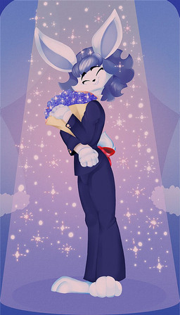 accessory anthro blue_hair bouquet bow_ribbon classy clothing fancy_clothing flower formal_clothing formal_wear fur furgonomics hair male plant ribbons rose_(flower) solo sparkles standing suit tail tail_accessory tail_bow tail_ribbon white_body white_fur umbrella_l0vely jumpcut! jasper_fischer_(jumpcut!) lagomorph leporid mammal rabbit digital_media_(artwork) digital_painting_(artwork) hi_res painting_(artwork)