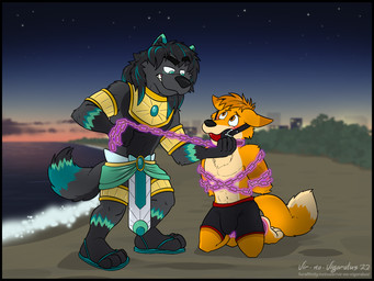 anthro armband athletic athletic_male ball_gag beach black_body black_fur black_hair black_nose bound boxer_briefs brown_ear_tips brown_eyes brown_hair brown_stripes chain chain_leash chained clothed clothing dipstick_ears dipstick_tail dominant dominant_male duo ear_markings evening eye_contact footwear fur gag gagged grin hair hands_behind_back kneeling leash legband looking_at_another male male/male markings mostly_nude multicolored_body multicolored_ears multicolored_fur night orange_body orange_fur orange_tail sand sandals seaside shoes smile standing stripes submissive submissive_male swimming_trunks swimwear tail tail_markings tan_body tan_fur tan_tail_tip topless topless_male two_tone_body two_tone_fur underwear worried worried_look vir-no-vigoratus aless-sotan jaden_wolfos canid canine canis deity fox mammal wolf 2022 4:3 digital_media_(artwork)