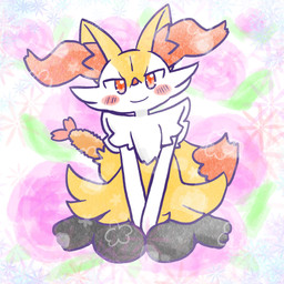 ambiguous_anthro ambiguous_gender anthro blush blush_stickers closed_smile detailed_background dipstick_tail flower food front_view hands_between_legs looking_at_viewer markings mouth_closed object_in_tail plant shrimp_(food) sitting smile snout solo tail tail_markings wariza annyui0611 nintendo pokemon braixen canid generation_6_pokemon mammal pokemon_(species) 1:1 2024 digital_drawing_(artwork) digital_media_(artwork) full-length_portrait hi_res japanese_description portrait translated_description