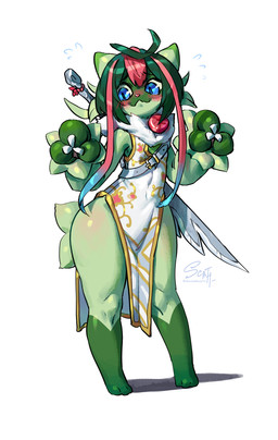 ambiguous_gender anthro asian_clothing blue_eyes blush claws clothing curvy_figure east_asian_clothing flat_chested fur green_body green_fur green_hair hair japanese_clothing kimono melee_weapon pokemorph sword thick_thighs weapon wide_hips starcatbloom nintendo pokemon felid feline floragato generation_9_pokemon mammal pokemon_(species) hi_res