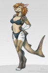 anthro bikini biped breasts brown_hair clothed clothing ear_piercing female hair looking_at_viewer non-mammal_breasts piercing pose simple_background skimpy solo standing swimwear two-piece_swimsuit rotarr fish marine shark 2014