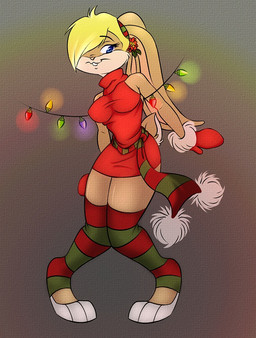 3_toes anthro biped blue_eyes breasts christmas_decorations christmas_lights clothed clothing digitigrade feet female hair hair_over_eye hindpaw holidays legwear one_eye_obstructed paws skimpy solo standing string_lights thigh_highs toes slickitzy christmas looney_tunes warner_brothers lola_bunny lagomorph leporid mammal rabbit