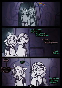 ahoge anthro backpack bikini bikini_bottom biped bra breasts clothed clothed_anthro clothed_female clothing conjoined_speech_bubble dialogue door duo eyebrow_through_hair eyebrows facial_piercing female fingers front_view fur hair hat headgear headwear linked_speech_bubble lip_piercing name_in_dialogue navel panties piercing shirt speech_bubble standing swimwear t-shirt text topwear towel towel_around_neck translucent translucent_hair two-piece_swimsuit underwear mewgle lucy_(mewgle) raleigh_(mewgle) deer gulonine mammal marten mustelid musteline 2026 comic digital_drawing_(artwork) digital_media_(artwork) english_text hi_res