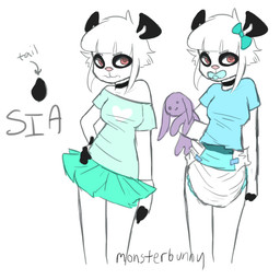 anthro bottomwear bow_tie clean_diaper clothed clothing diaper female hair looking_at_viewer object_in_mouth pacifier pacifier_in_mouth plushie shirt simple_background skirt solo standing text topwear wearing_diaper monsterbunny bear giant_panda mammal 1:1 2015 archived_source digital_drawing_(artwork) digital_media_(artwork) english_text model_sheet signature