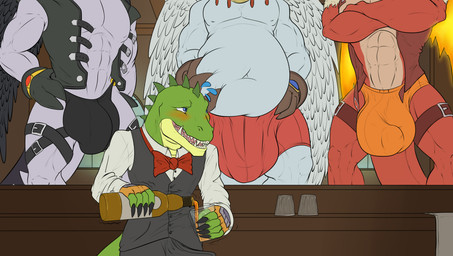 abs alcohol anthro balls bar bartender belly beverage big_balls big_belly big_bulge big_penis blush bodily_fluids bottomwear bulge clothed clothing container crossed_arms cup detailed_bulge genitals glass glass_container glass_cup group hand_on_belly hand_on_hip huge_balls huge_bulge huge_penis hyper male nervous nervous_smile pecs penis pub public revealing_outfit seductive shorts skimpy smile speedo spread_legs spreading suit sweat sweatdrop swimwear teasing thong tight_bottomwear tight_bulges tight_clothing tight_shorts tight_underwear underwear conditional_dnp samagthrav2 legendz mythology blaze_dragon dandy_(legendz) greedo_(legendz) ranshiin shiron crocodile crocodilian dragon mythological_creature mythological_scalie reptile scalie windragon absurd_res hi_res