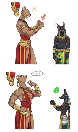 5_fingers accessory anthro areola biped black_body black_fur breasts brown_body brown_fur claws clothed clothed_anthro clothed_male clothing duo egyptian egyptian_clothing egyptian_headdress female finger_claws fingers fur green_eyes kemono male navel nemes nipples side_view standing usekh nulia elmouti harba anubian_jackal canid canine canis felid jackal lion mammal pantherine 2025 digital_drawing_(artwork) digital_media_(artwork) hi_res