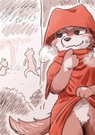 anthro blush breath clothed clothing clothing_lift crotch_tuft exhibitionism featureless_crotch fur group hood male mostly_nude navel null public red_body red_fur simple_background solo_focus standing tail tail_motion tailwag tuft brown_tail_(artist) canid canine canis mammal wolf hi_res