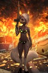 aa-12 anthro bad_trigger_discipline biped black_body black_fur blood bodily_fluids bra broken_glass clothed clothing destruction detailed_background female fire footwear fur glass gun hair hair_over_eye holding_gun holding_object holding_ranged_weapon holding_weapon leg_torture off_shoulder one_eye_obstructed outside panties paws_in_socks ranged_weapon shotgun smoke socks solo standing text underwear weapon white_body white_fur white_hair wounded cereus93 iskra mammal mephitid skunk 2022 2:3 artist_collaboration digital_media_(artwork) full-length_portrait hi_res portrait shaded url