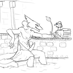 anthro armpit_hair bath big_penis body_hair duo erection female fluffy genitals grabbing imminent_rape imminent_sex inside larger_male long_tail male nude penis size_difference smaller_female tail tapering_penis water test_pattern_(artist) totallynotasergal avian mammal nevrean sergal 2014 digital_media_(artwork) line_art monochrome