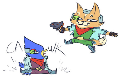angry beak belt blue_body blue_feathers boots chibi clothing duo feathers fingers footwear fur gloves gun handwear holding_object holding_weapon jacket kerchief male open_mouth orange_body orange_fur ranged_weapon red_body red_feathers semi-anthro shoes simple_background smile tan_body tan_fur topwear weapon white_background sigmund-c nintendo star_fox falco_lombardi fox_mccloud avian bird canid canine fox mammal hi_res